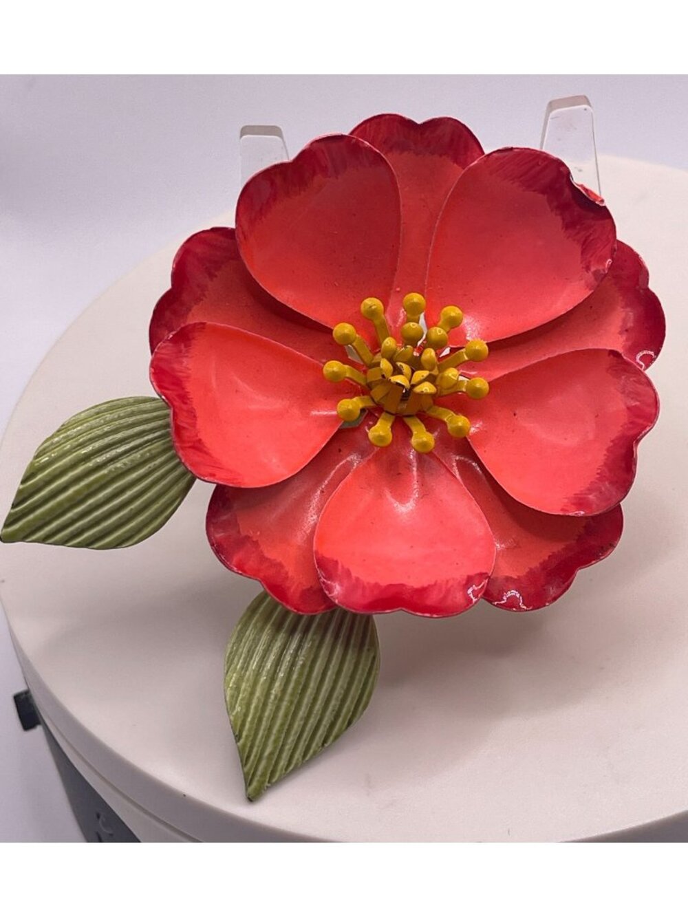 Vtg 60s Retro Enamel Flower Power Brooch Hot Pink Coral Color